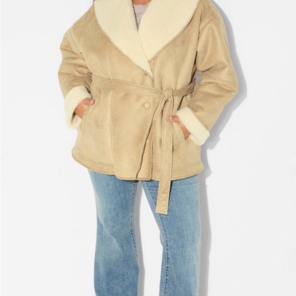 Wild Fable Tan Belted Jacket with Cream Collar